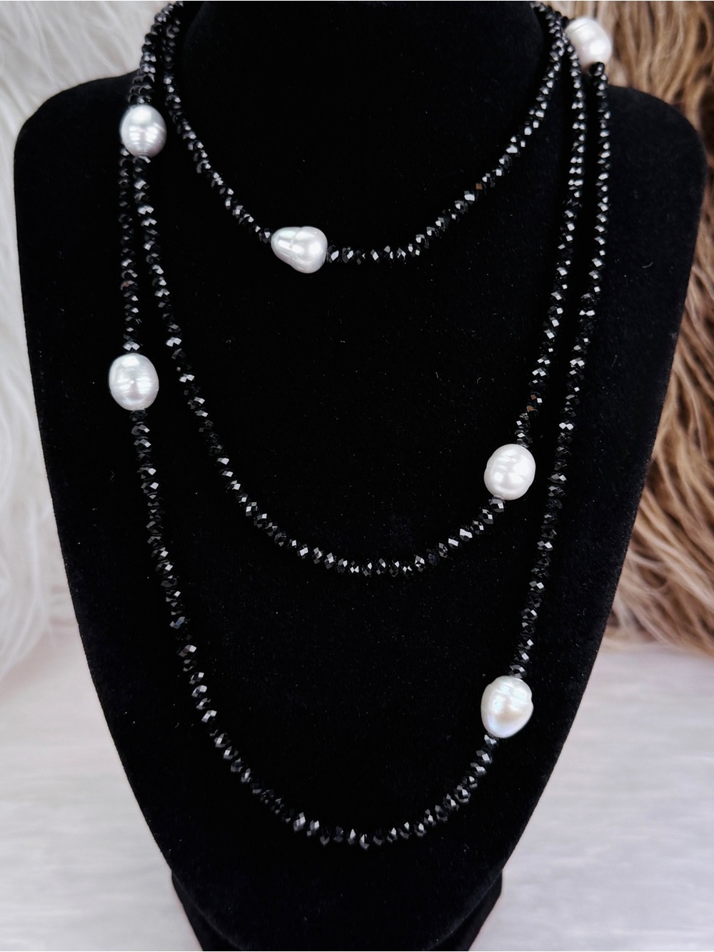 Long Black Faceted Bead & White Faux Pearl Necklace 48”